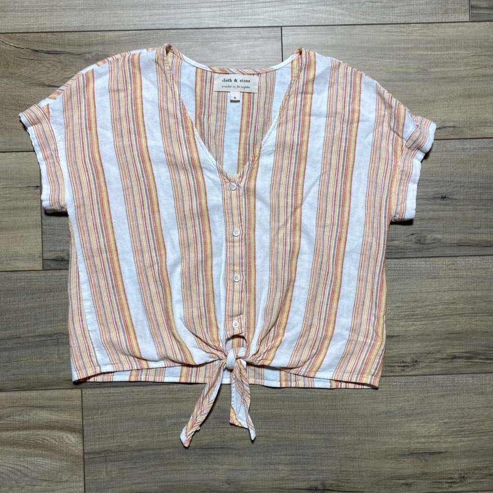 Cloth & Stone Women Linen Blend‎ Striped Button Up Tie Front Top Size Small